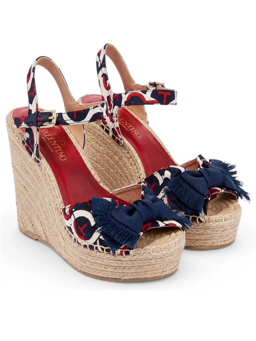 Valentino Red, Navy & White Logo Bow Espadrille Wedge Sandals